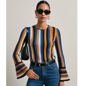 Zara Vibrant Fluted Sleeve Vertical Horizontal Striped Blouse S Side Slits 60’s